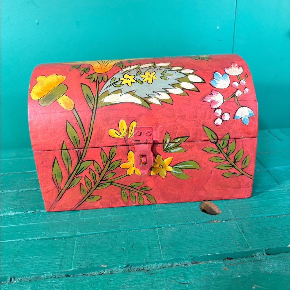 Handcrafted Floral Red Storage Chest Hand Painted